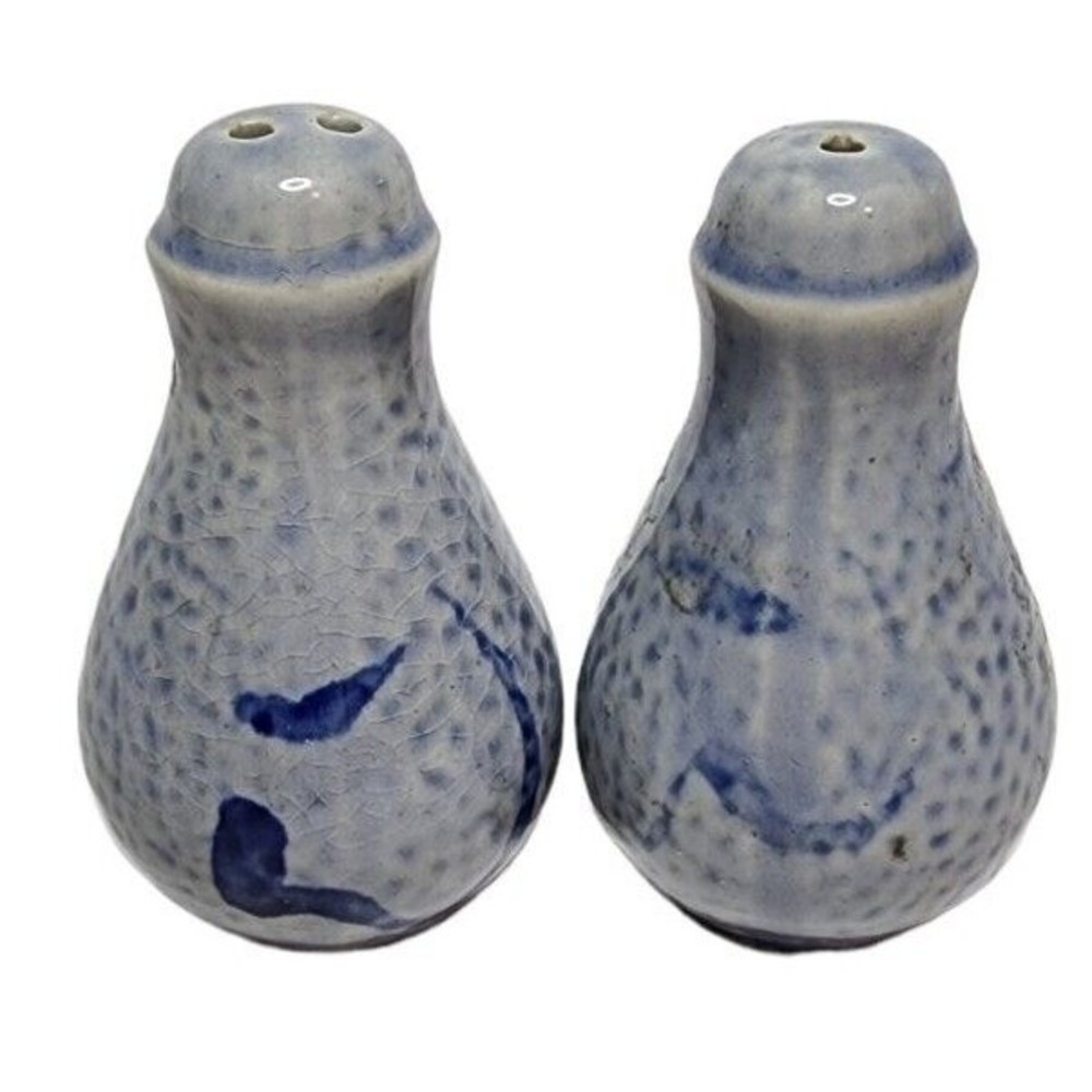 Vintage Salt and Pepper Shakers Cobalt Blue 1970s Salt Glaze Stoneware
